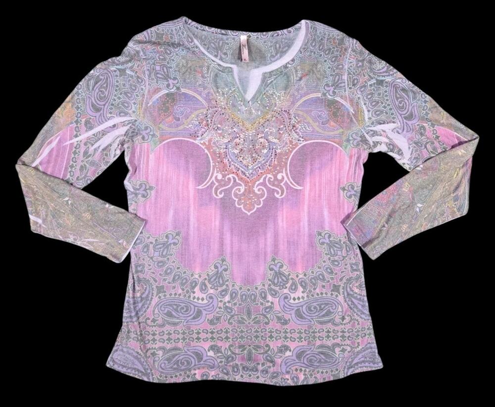 Y2K Kiara Paisley Embellished Shirt Rhinestones V-Neck Lined Purple Womens XL